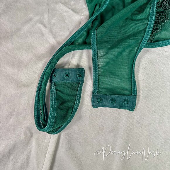 Shein Sheer Mesh Floral Embroidered Bodysuit Top Green - Picture 6 of 9